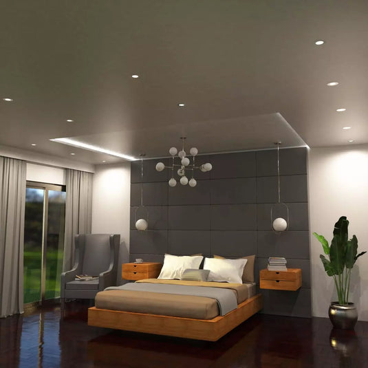 Bedroom with mounted natural white brushed chrome downlight