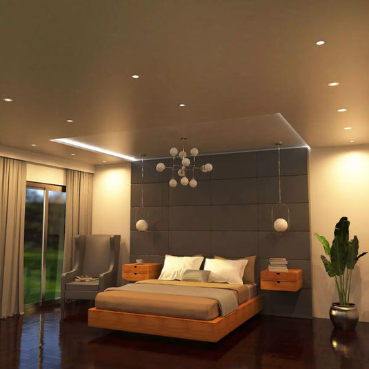 Bedroom with mounted warm white brushed chrome downlight
