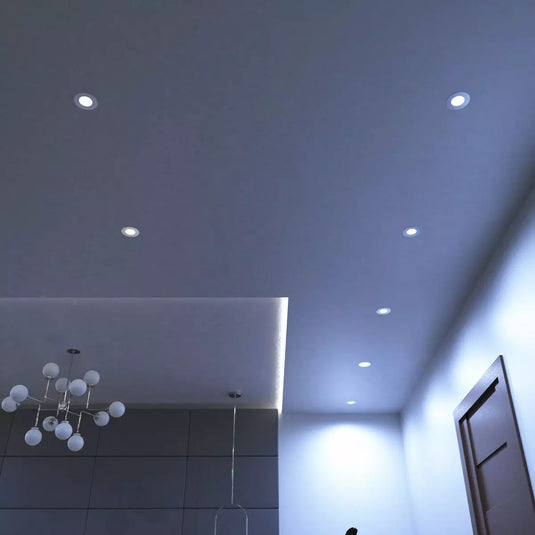 Ceiling with mounted cool white brushed chrome downlight