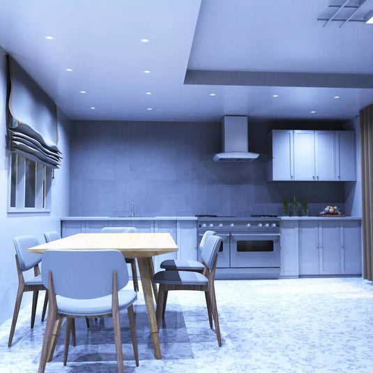 6w, Colour Adjustable Fire Rated Downlight Kitchen full shot in cool white light