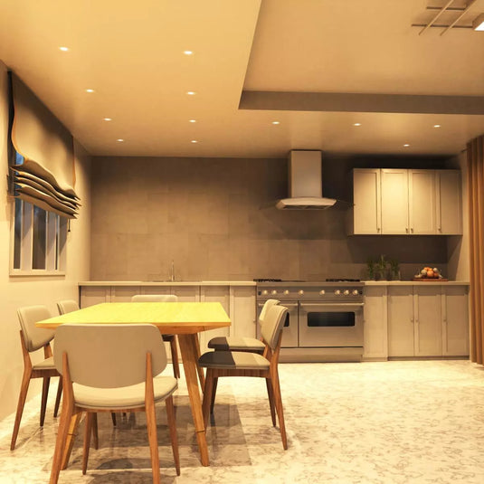 6w, Colour Adjustable Fire Rated Downlight Kitchen full shot in warm white light