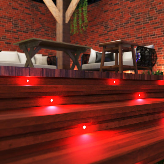 Decking steps with red deck lights