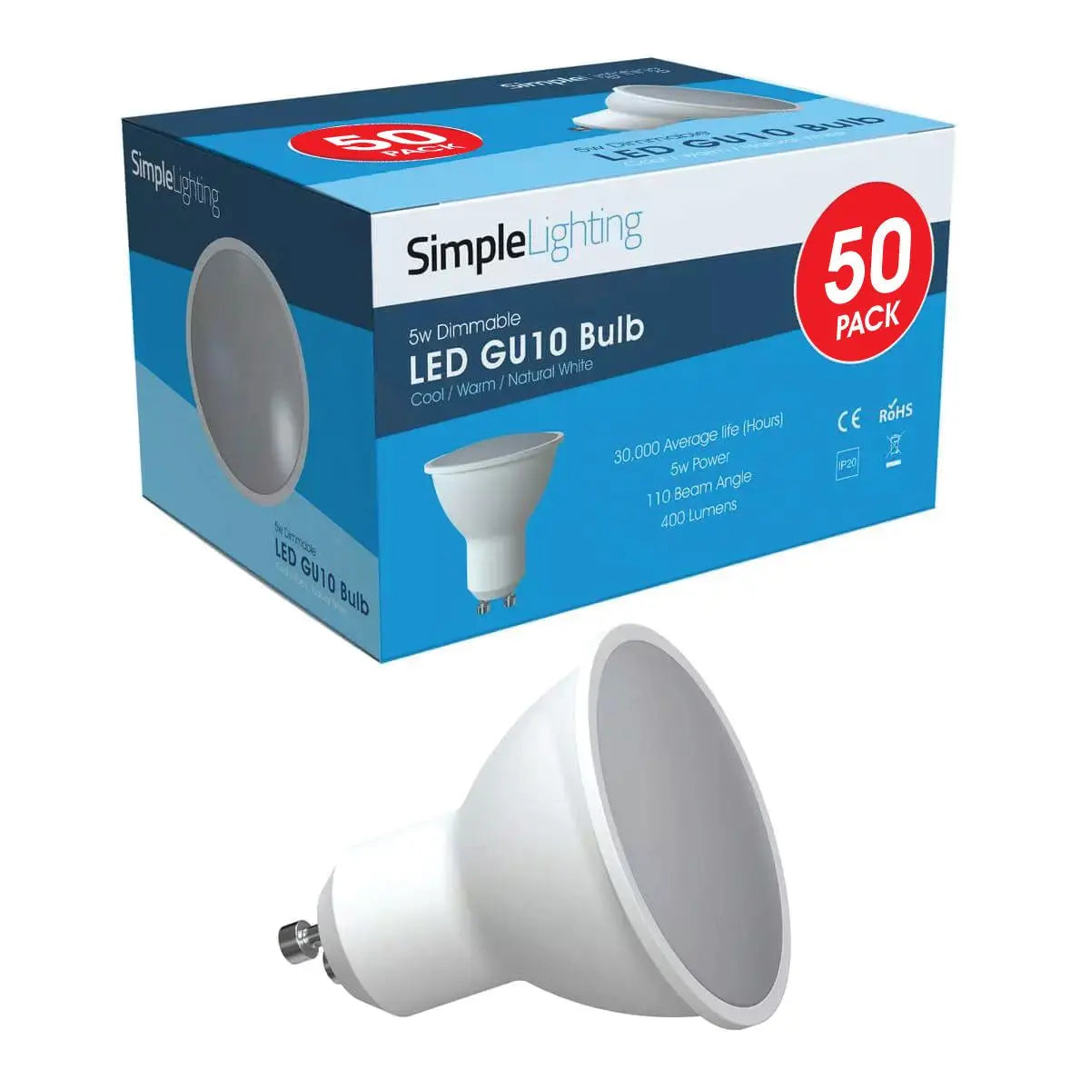 Pack of 50 GU10 Dimmable LED Bulbs, 5w - Cool, Natural or Warm White L