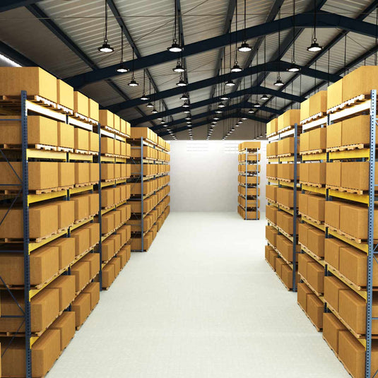 Warehouse lit by 200w LED high bay lights