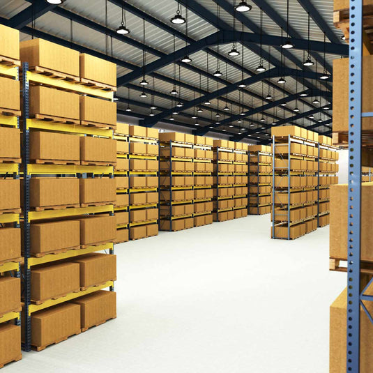 Full view of a warehouse with LED high bay lights