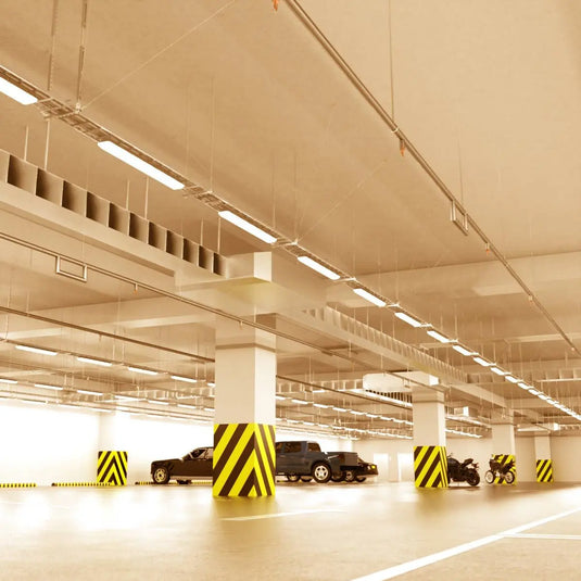 NCF IP65 LED Batten with Microwave Sensor in warm white light inside underground parking setting