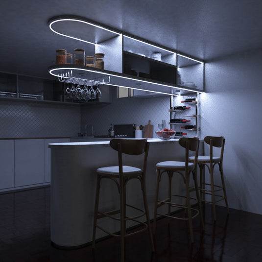 Home bar lit by cool white neon flex