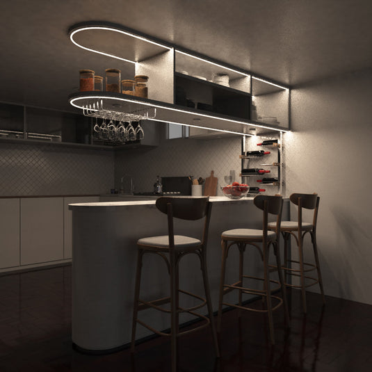 Home bar lit by warm white neon flex