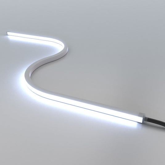 Cool white neon flex in an S curve