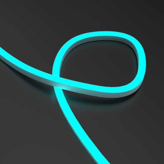Close up of a cyan neon flex loop