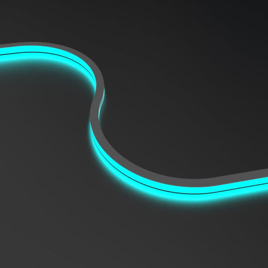 RGB neon flex glowing cyan in an S curve