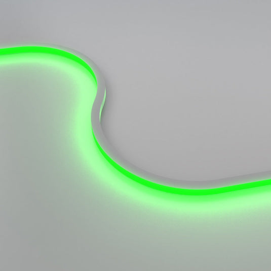RGB neon flex glowing green in an S curve