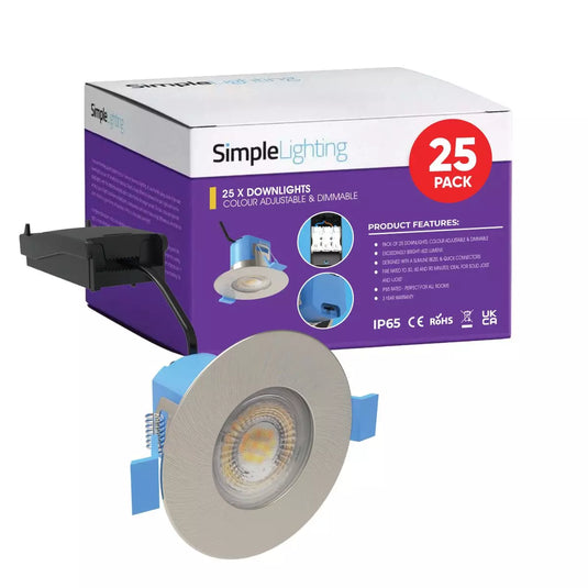 Pack of 25 Colour Adjustable Fire Rated Downlights, Brushed Chrome