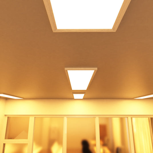 Meeting room with a row of surface mounted LED panels