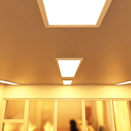 1200x300mm Surface Mounting Frame For LED Panel Lights in warm white light mounted on the ceiling
