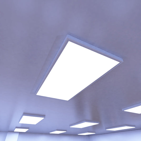 Surface mounted LED panels on a flat ceiling