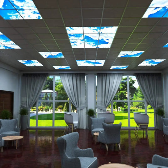 room that has LED panels with skyline display
