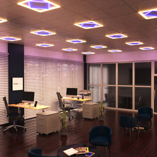 Office ceiling with the double square panel in warm white