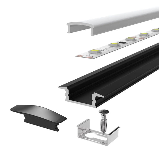 Black Recessed LED Profile With Frosted Cover deconstructed with LED Strip