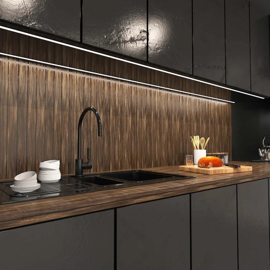 Black Recessed Aluminium Profile With Black Diffuser under cabinet, showcasing the sink 