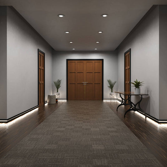 Entryway with black skirting profile lit in natural white