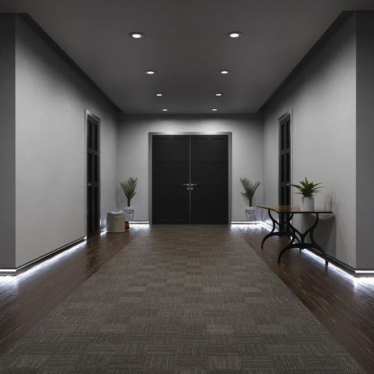 Entryway with silver skirting profile lit in cool white