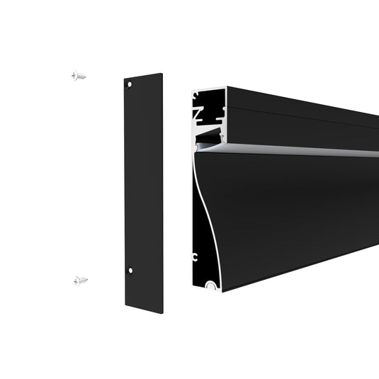 Black skirting profile with its cover and screws