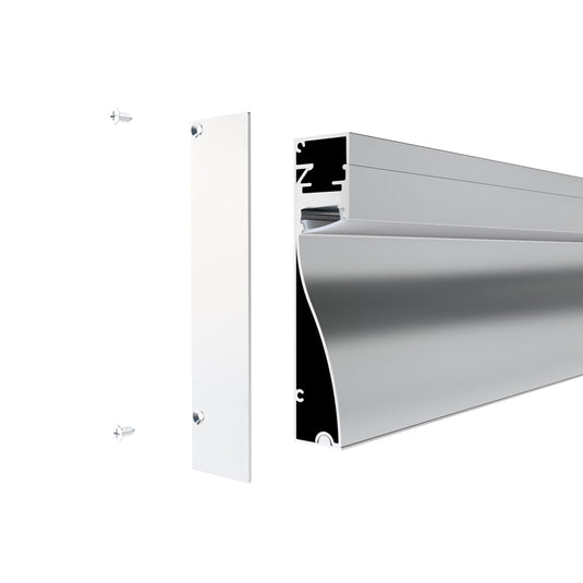 Silver skirting profile with its cover and screws