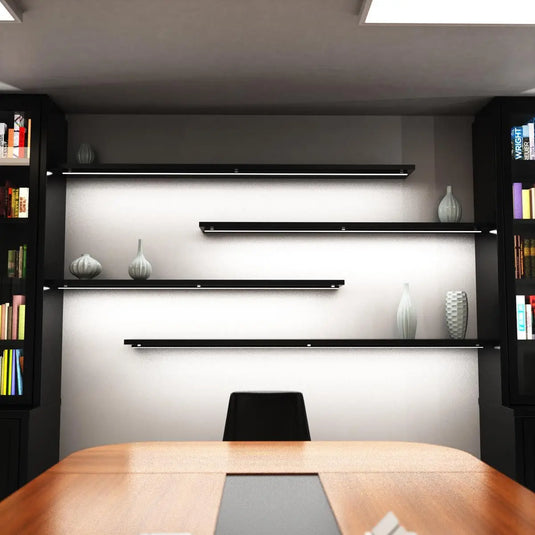 Black Aluminium LED Profile front shot of the below shelves lighting setting