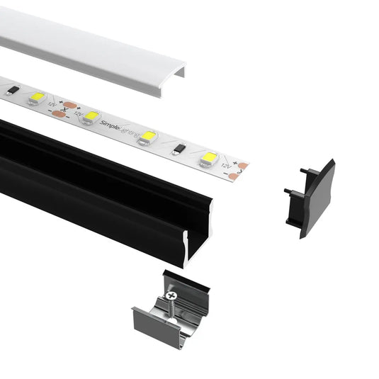 Black Aluminium LED Profile deconstructed with LED Strip inside