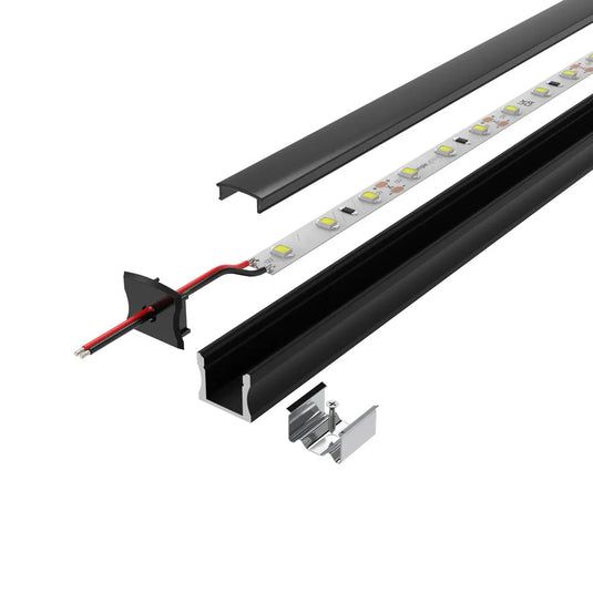 Surface Mounted Black Aluminium Profile Mounting Kit deconstructed end cap wiring through