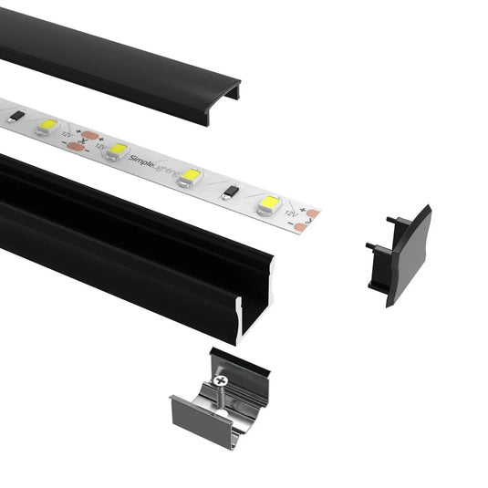 Surface Mounted Black Aluminium Profile Mounting Kit deconstructed with LED strip