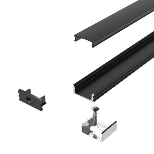 Parts of the black LED profile laid out