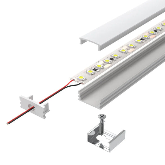 White, Surface Mounted LED Profile, With Frosted Cover deconstructed with LED strip