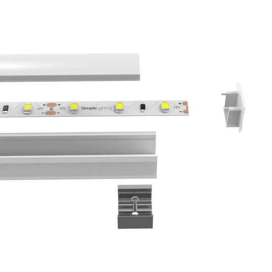 White 15mm LED Aluminium Profile With Frosted Cover deconstructed with LED strip inside