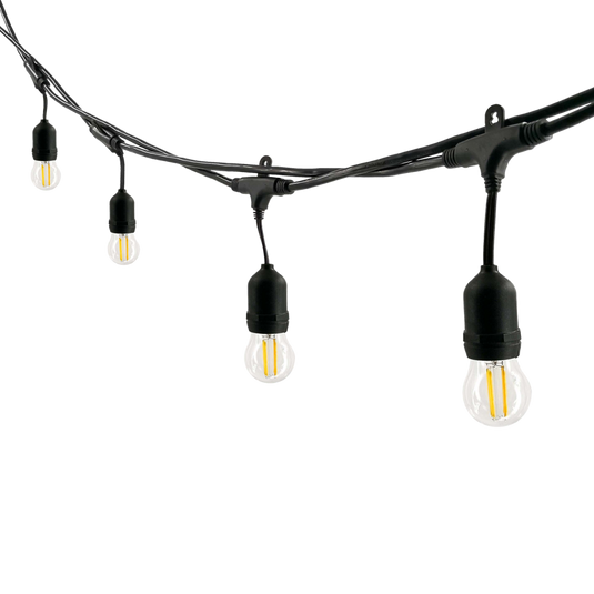 Festoon string with filament style LED bulbs hanging from the cable