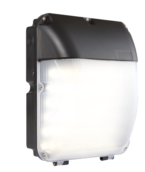 Black LED wall pack light with a white diffuser