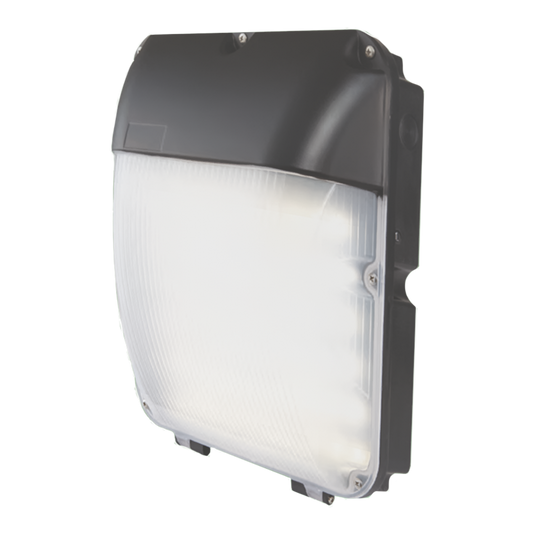 Black LED wall pack with a frosted prismatic lens