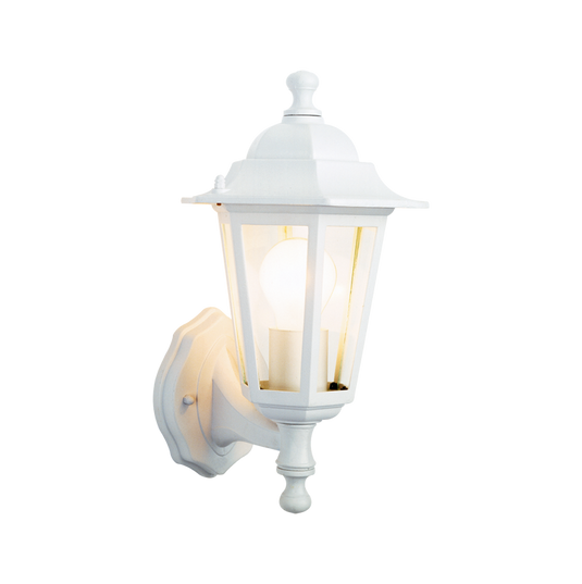 White six sided wall lantern with a warm E27 bulb