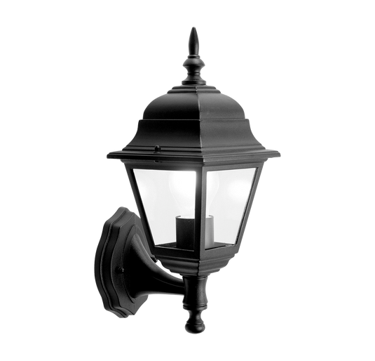 Black four sided wall lantern with clear glass and a bulb fitted