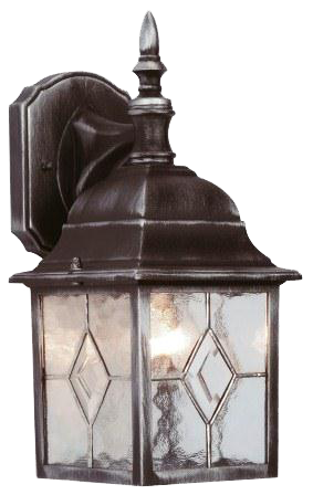 Black and silver leaded glass wall lantern lit with a warm glow