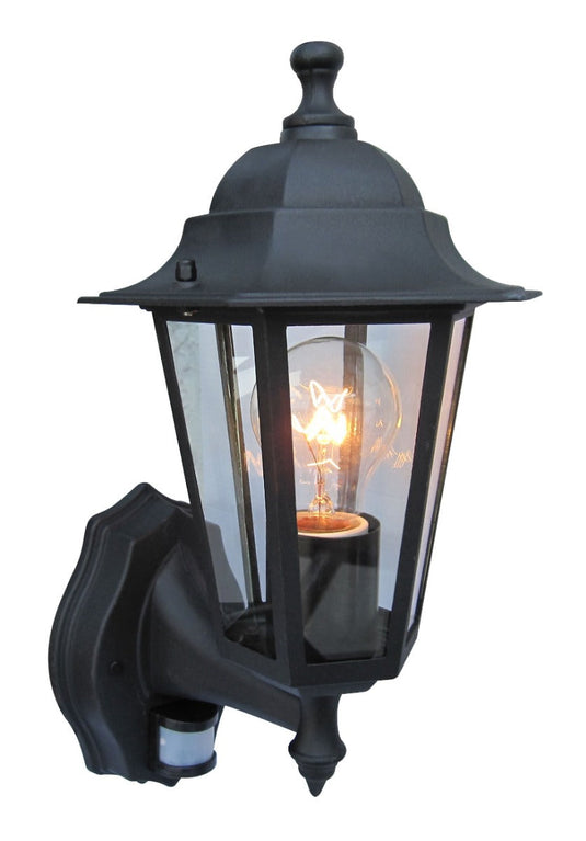 Black six sided wall lantern with clear glass panels