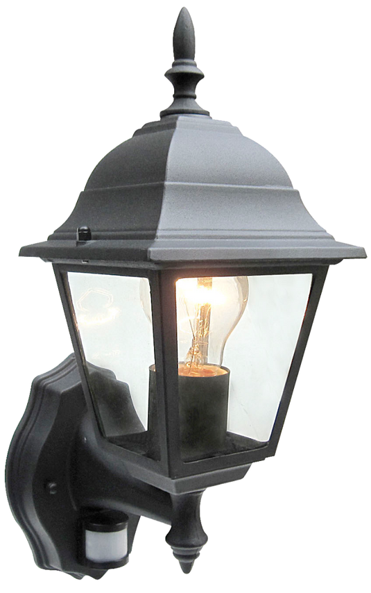 Black four sided wall lantern with clear glass panels