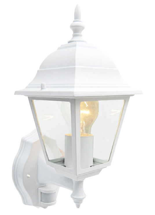 White outdoor wall lantern with clear glass panels and a lit bulb