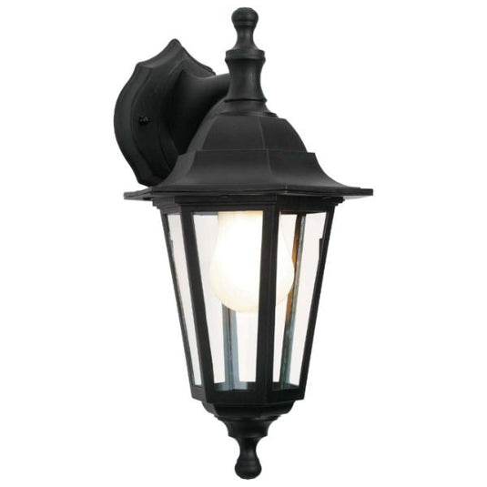 Black outdoor wall lantern with a warm E27 bulb