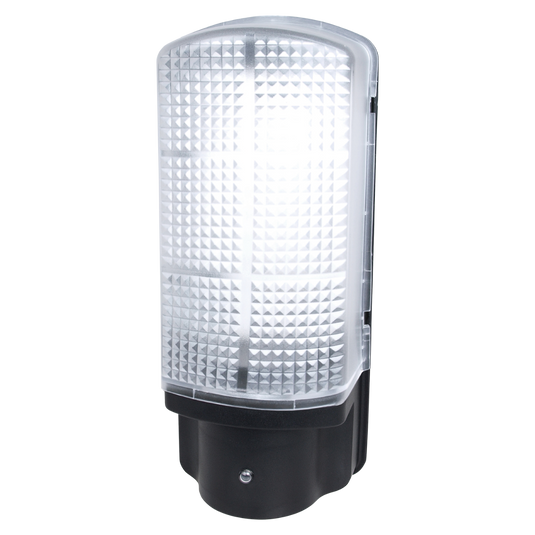 10w photocell LED bulkhead with a black base and prismatic front