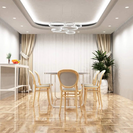 Fixed, Fire Rated LED Downlight - White Bezel in cool white light dining room setting