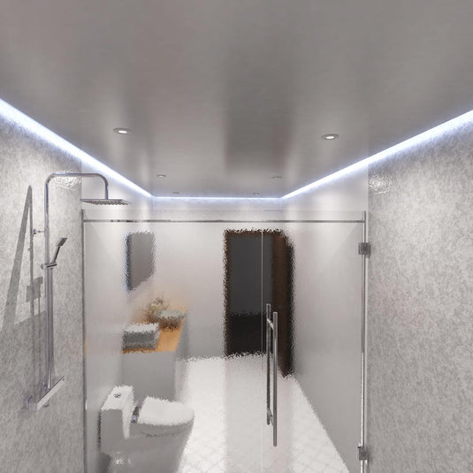 Bathroom with cool white strip lighting