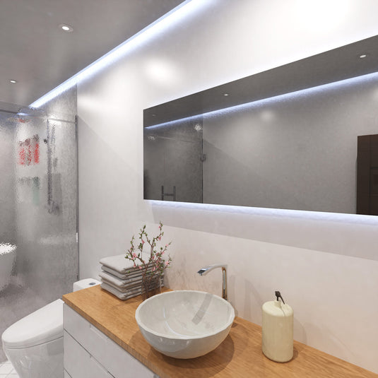 Bathroom vanity lit by cool white COB strip