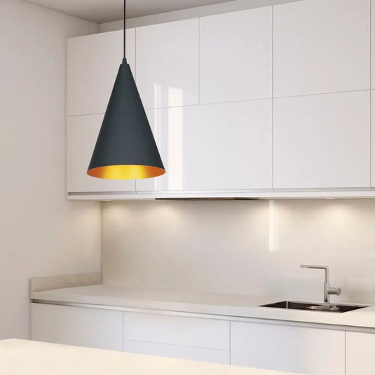 Black Cone Pendant Light with Gold Lining in a kitchen countertop mounted setting